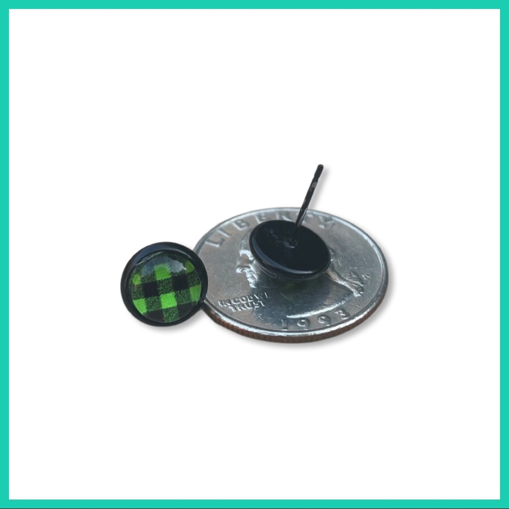 Neon Green Plaid Stud Earrings - Picture 4 of 7